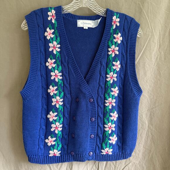 Vintage J. Christopher Sweater Vest Blue Floral Cable Knit Double-Breasted Sz‎ M - Picture 1 of 12